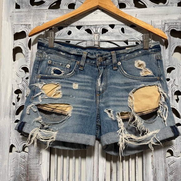 Rag & Bone Y2K Distressed Worn Cuff Medium Wash Jean Shorts - Picture 1 of 5